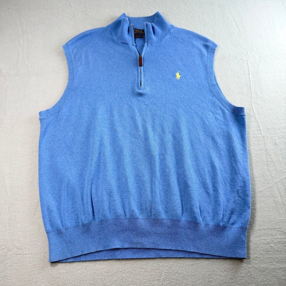 Polo Ralph Lauren Sweater Vest Mens L Blue Pima Cotton Quarter Zip Knit Layering